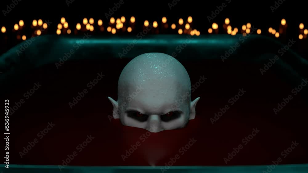 Scary vampire takes a bloody bath in the dark room with lots of candles