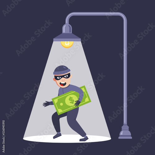 a street lamp shines on the robber. flat vector illustration.