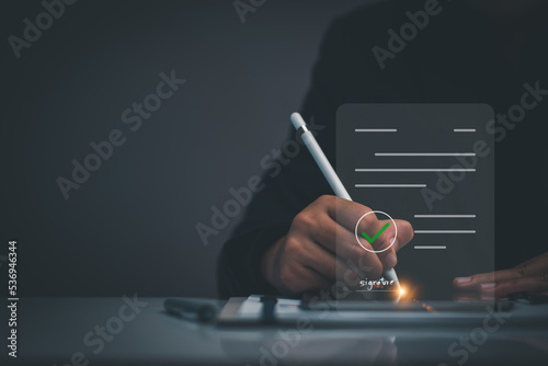 Electronic signature business concept. Manager is electronic sign an agreement, business investment approved, executing plan, project approved. digital signature. electronic document, digital business