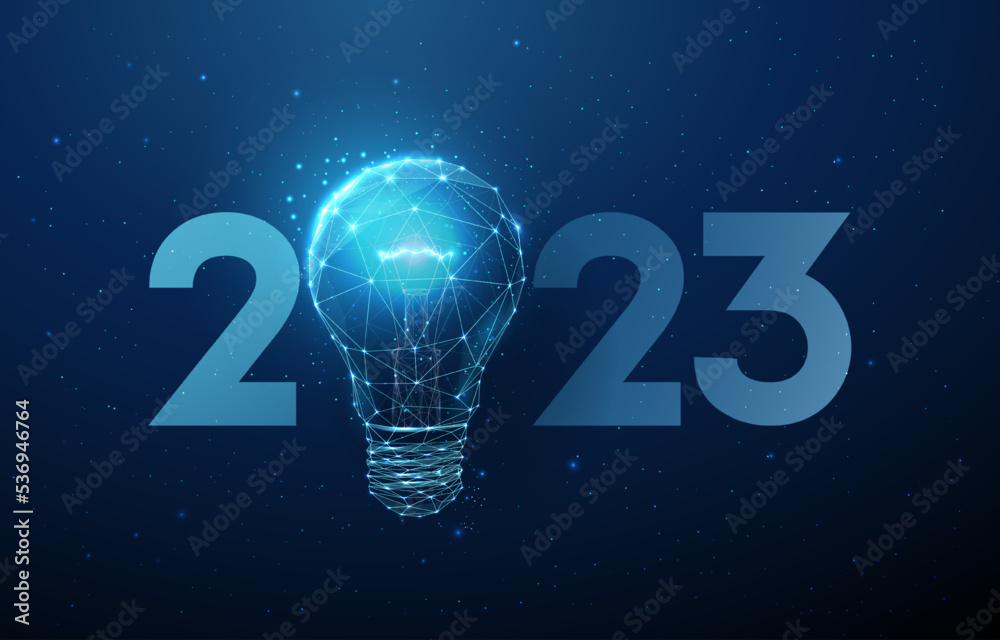 Abstract Happy 2023 New Year greeting card with light bulb Abstract Happy 2023 New Year greeting card with light bulb