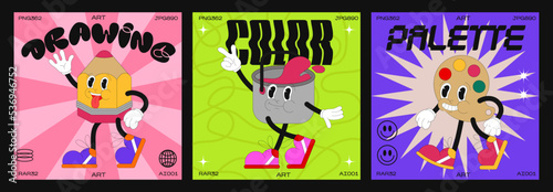 Cartoon characters drawing 90s. fashion poster. funny colorful characters in doodle style, pencil,palette,paint with gloved hands. Vector groovy illustration with typography