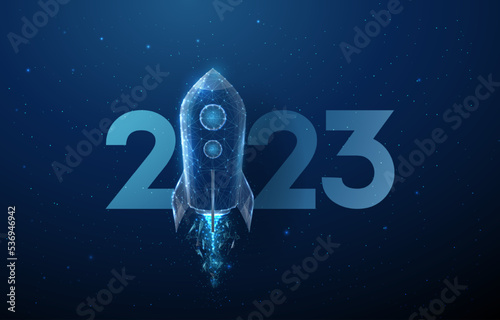 Abstract Happy 2023 New Year greeting card rocket launch