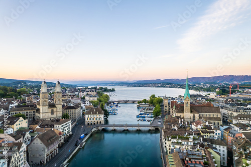 Aerial drone shot flying above Lake Zurich, Switzerland in sunny day.  © Kawee
