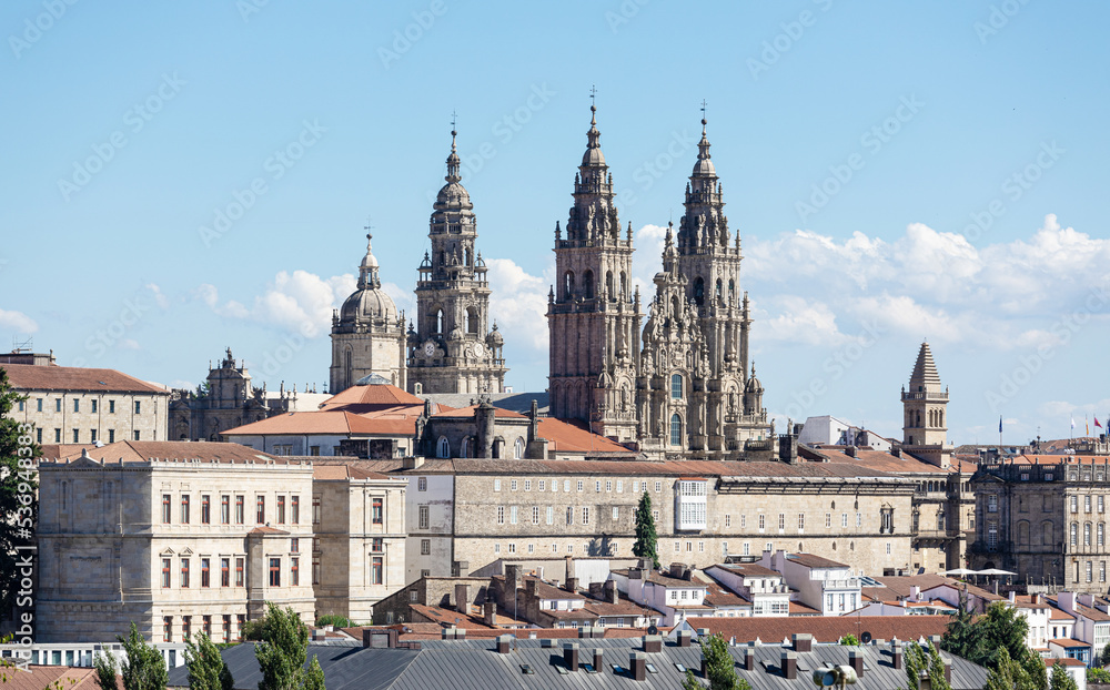 Santiago de Compostela Cathedral and old city view on sunny day