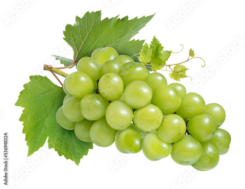 Shine Muscat Grape isolated on white background, Green grape with leaves on white PNG file.
