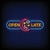 Neon Sign open late with brick wall background vector