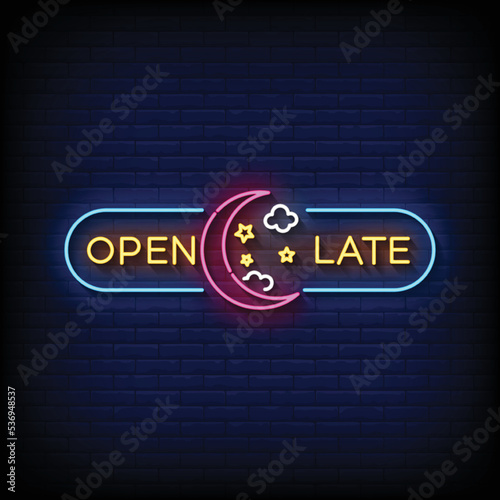 Neon Sign open late with brick wall background vector