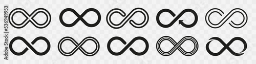 Infinity symbols set. Endless sign with arrow. Loop cycle line icon isolated on transparent background. Vector illustration.