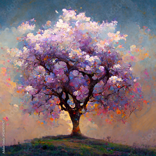 Fantasy plum tree painting, glowing