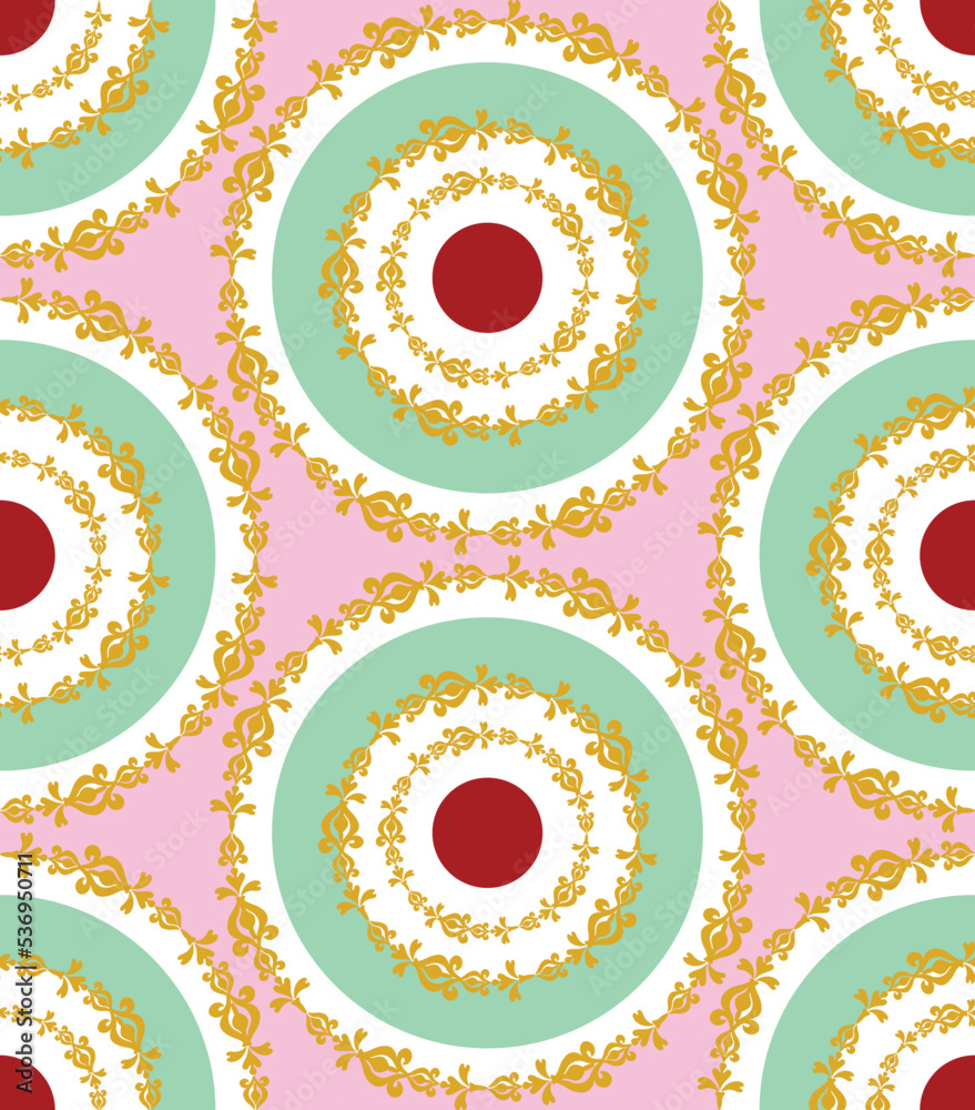 Fototapeta premium Abstract Hand Drawing Ornamental Baroque Floral Circles Seamless Mandala Art Deco Vector Pattern Isolated Background