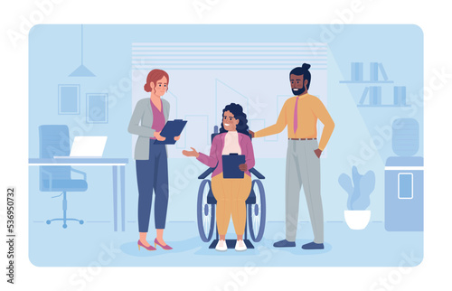 Colleagues interaction 2D vector isolated illustration. Positive workplace environment flat characters on cartoon background. Coworkers colourful editable scene for mobile, website, presentation