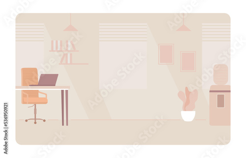 Cozy workplace 2D vector isolated illustration. Business office flat interior on cartoon background. Workspace arrangement colourful editable scene for mobile, website, presentation