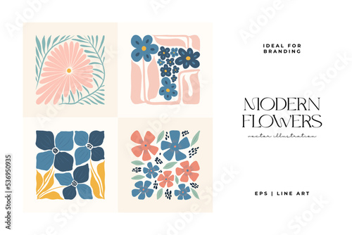 Floral abstract elements. Botanical composition. Modern trendy Matisse minimal style. Floral poster, invite. Vector arrangements for greeting card or invitation design