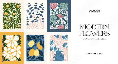 Floral abstract elements. Botanical composition. Modern trendy Matisse minimal style. Floral poster, invite. Vector arrangements for greeting card or invitation design