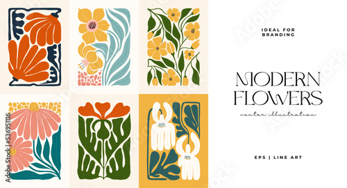 Floral abstract elements. Botanical composition. Modern trendy Matisse minimal style. Floral poster, invite. Vector arrangements for greeting card or invitation design