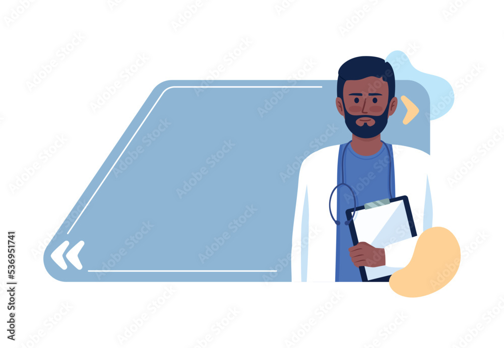Doctor tips for healthy life quote textbox with flat character. Professional medical support. Speech bubble with editable cartoon illustration. Creative quotation isolated on white background