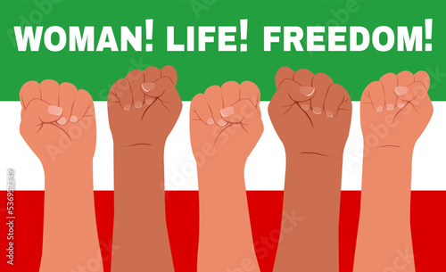 Banner with female hands clenched into a fist and the slogan - Woman, life, freedom. Female protesters' hands raise their fists. Women's rights. Vector flat modern illustration.