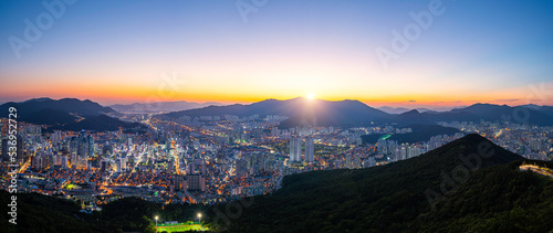 Busan City Panorama and Downtown skyline in Busan. and the sunset sky,South Korea travel. © Sky view
