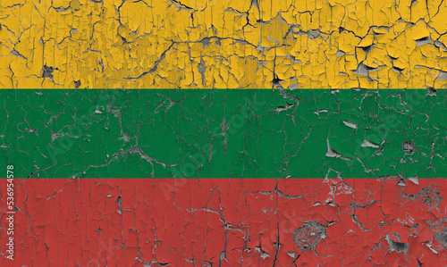 3D Flag of Lithuania on an old stone wall background. © dsom