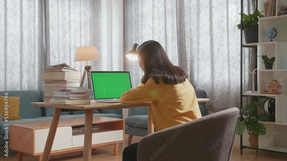 Side View Of A Young Female Looking At The Mock-Up Green Screen Laptop Before Shaking Her Head While Studying At Home
Side View Of A Young Female Looking At The Mock-Up Green Screen Laptop Before Shaking Her Head While Studying At Home