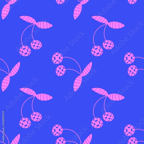 Pink cherry with leaves. Endless repeating pattern. Berry fruit pattern. Illustration for textiles, clothing, fabric, and packaging.
