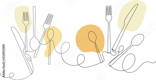 spoons, forks, knives drawing in one continuous line, isolated vector