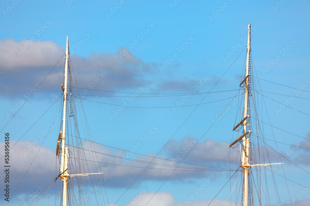 Obraz premium Sailing ship mast with ropes . Travel concept , adventure and sea