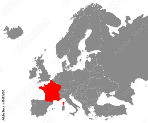 Map of France highligted with red in Europe map