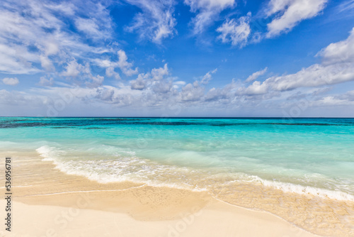 Closeup sand beach sea waves and blue summer sky. Panoramic beach landscape. Empty tropical beach and seascape  horizon. Bright exotic coast calmness  tranquil seaside nature view relaxing sunlight 