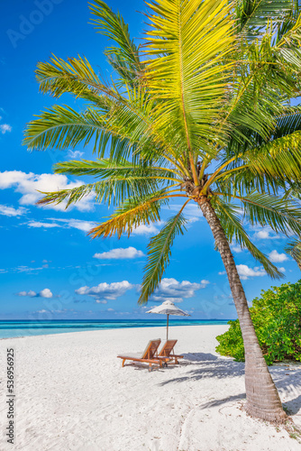 Beautiful panorama nature. Tropical sunny beach as summer island landscape couple chairs umbrella palm leaves calm sea shore, coast. Romantic travel panoramic destination, togetherness vacation banner