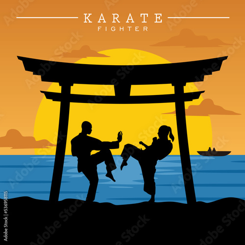 Vector illustration of man and woman practice of the karate fight on the sunset beach background