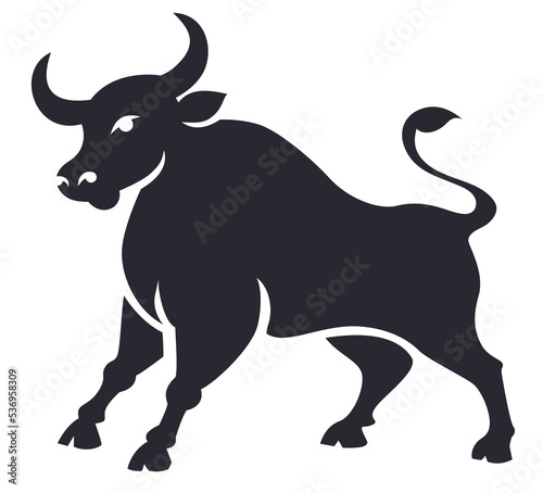 Bull stylized illustration. Black ox stylized silhouette. Bull icon in chinese cartoon style