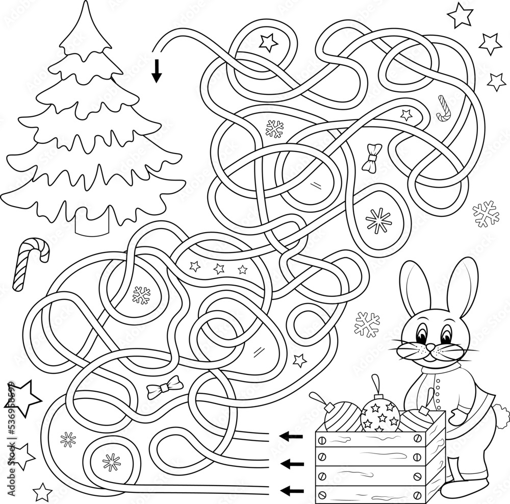 Labyrinth or labyrinth game. Tangled road. Puzzle. Cartoon hare and christmas tree. Vector illustration