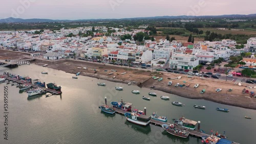Lagoon Ria Formosa With Boats And Village Santa Luzia Near Tavira, Portugal - aerial shot