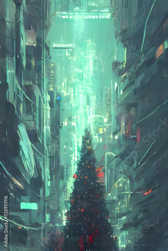 christmas tree with neon light ans a star in a cyberpunk city at night - retrowave - neon noir - illustration - painting