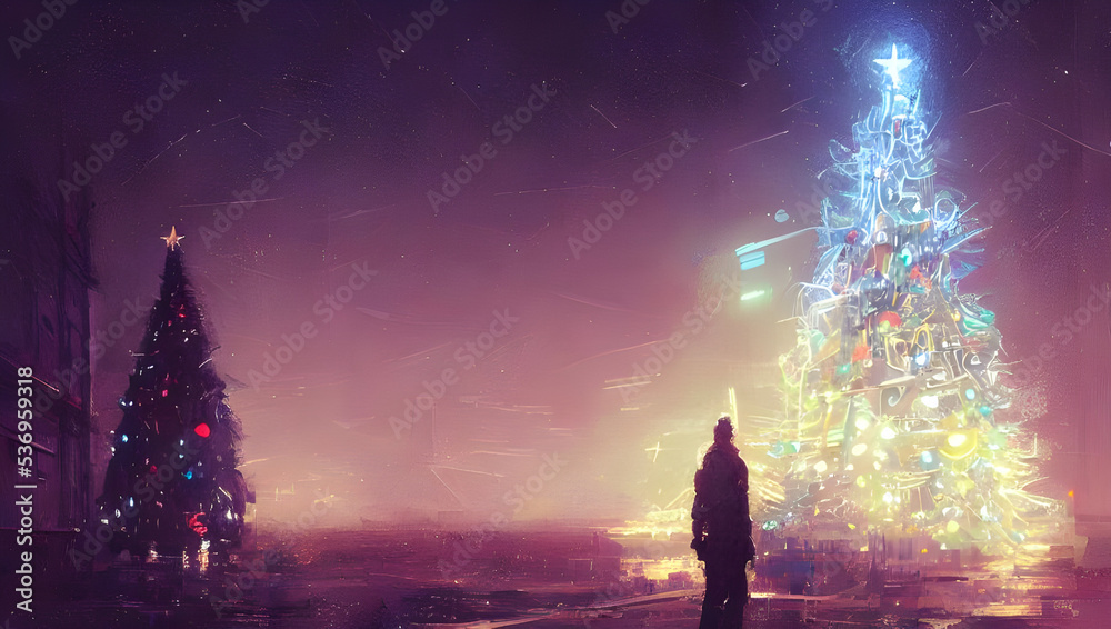 christmas tree with neon light ans a star in a cyberpunk city at night - retrowave - neon noir - illustration - painting christmas tree with neon light ans a star in a cyberpunk city at night - retrowave - neon noir - illustration - painting