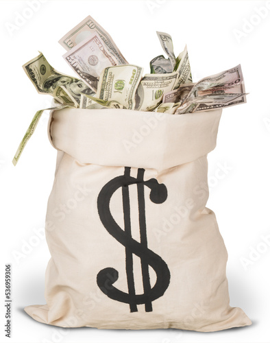 Dollar Bills in a full bag on white backroung