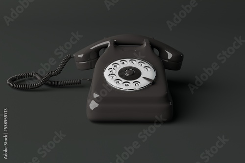 Side view of a black retro telephone with a dial of numbers. Concept of using retro items, back to the past. 3d render, 3d illustration