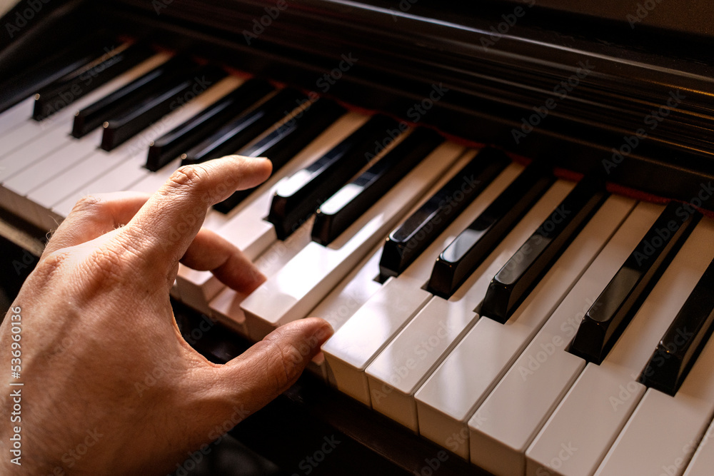 Fototapeta premium Man playing the piano. Man's hand playing chords on the piano.