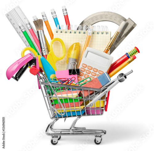 Naklejka Stationery objects in mini supermarket cart on background