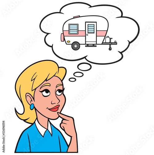 Girl thinking about a Camper - A cartoon illustration of a Girl thinking about going on a camping vacation in a Camper.