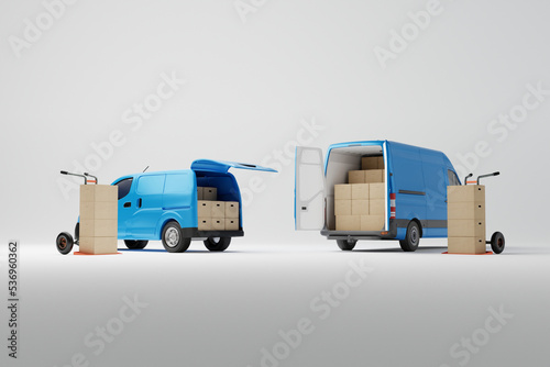 Two commercial delivery blue vans with cardboard boxes on white background. Delivery order service company transportation box with vans truck. 3d rendering, 3d illustration.