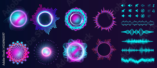 Radial sound wave curve with light particles. Circle audio waves. Neon round music soundwave for equalizer. Multicolor audio lines cliparts collection. Soundwaves, radio frequency. Vector illustration