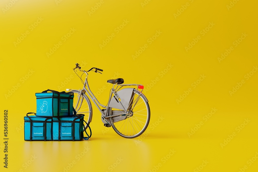 White bicycle with a bag with food on a yellow background. Concept of food delivery by bicycle, food courier. 3d rendering, 3d illustration.