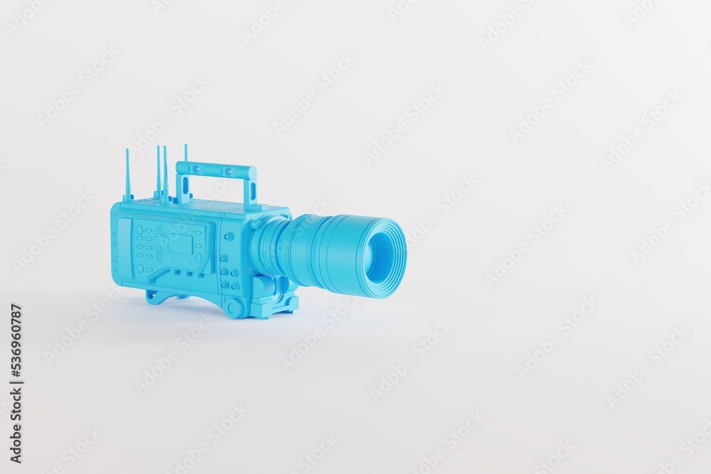 A blue film camera on a pastel light background. Concept of filming, making movies. 3d rendering, 3d illustration.