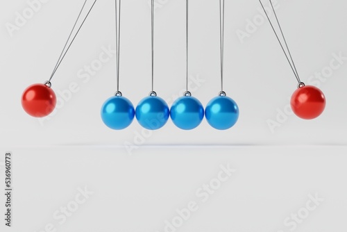 Simple Newton pendulum mechanism. Balls hitting each other. 3d rendering, 3d illustration.