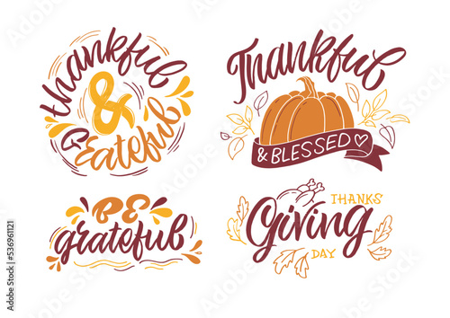 Happy thanksgiving day - Be thankful - cute hand drawn doodle lettering postcard. T-shirt design template with leaf.