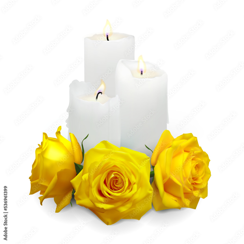 Realistic candles and yellow rosebuds on a white background. Vector illustration Realistic candles and yellow rosebuds on a white background. Vector illustration