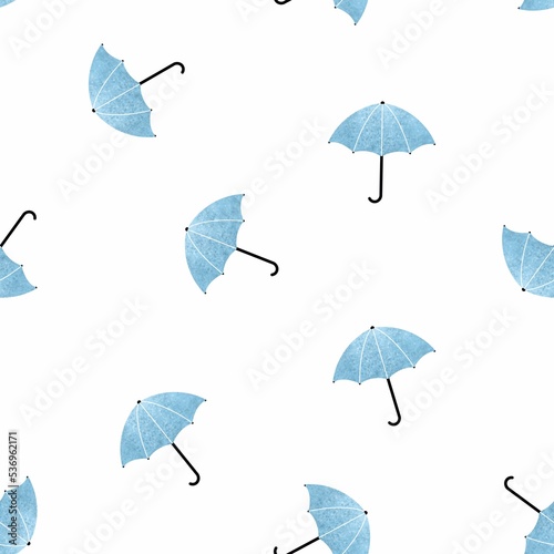 Textured raster illustration. Seamless pattern with Isolated blue umbrellas on white background.