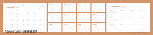 Set of 2023 Calendar planner template with place for notes. Vector layout business calendar. Week starts Sunday. Calendar grid in brown and white colors for print.
